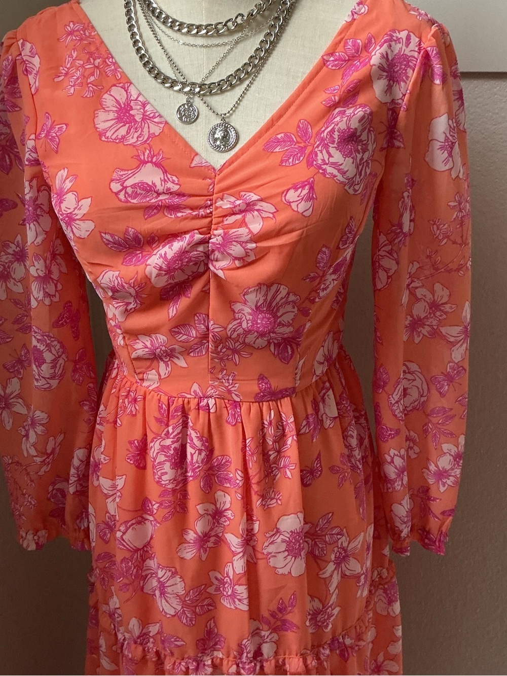 Sincerely Jules Cottagecore  Coral Pink Floral V-Neck Tiered Midi Dress - Picture 3 of 10
